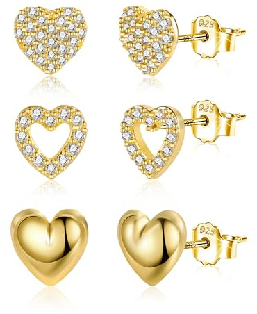 ALEXCRAFT Juego de 3 Pares de Pendientes Oro para Mujer, Pendientes Pequeños con Circonita de Corazón, Hipoalergénicos, Chapados en Oro de 14 Quilates, Múltiples Piercings de Cartílago