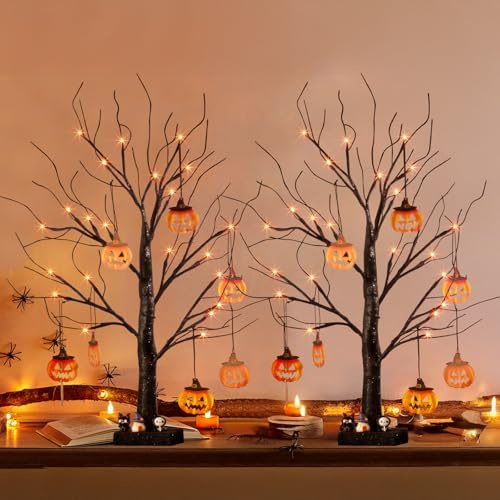 DELICHTER 2er Set Halloween Deko Innen mit 24 Orangen LEDs und Timer Batteriebetrieren Lichterbaum mit Kürbis Anhänger Beleuchtete Herbstdeko Baum 60 CM
