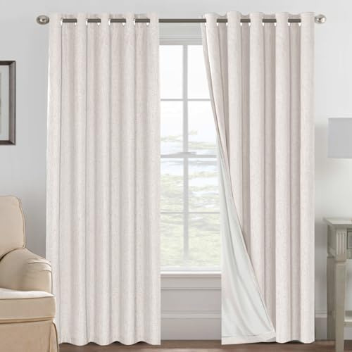 BellaHills 100% Blackout Curtains for Bedroom & Living Room, Eyelet Thermal Insulated Linen Textured Curtains, Heat & Full Light Blocking Drapes, 2 Panels Set, 66 x 90 Inch, Ivory