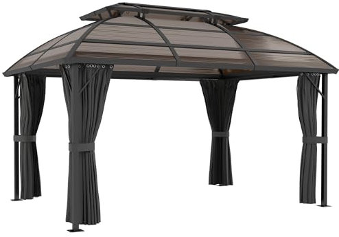 Outsunny 4 x 3(m) Polycarbonate Gazebo Outdoor, Hardtop Garden Patio Gazebo with Curtains, Nettings, Double Roof, Aluminium Frame for Lawn, Yard, Patio, Deck, Brown
