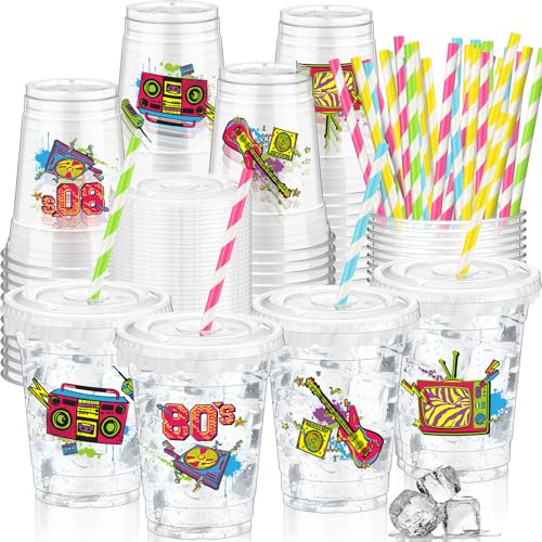 FoldTier 50 Pcs 80s Cups with Lids Straws 12 oz Boy or Girl Blue Pink | Retro 80's Theme, Disposable for Gender Reveal Baby Shower Parties, Colorful Striped Pattern, Boy or Girl Announcement