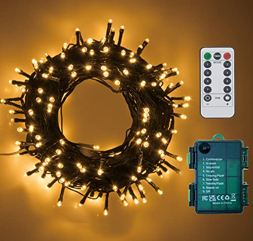 GHJ Warmweiß LED Batterie Lichterkette auf Dunkelgrün Kabel, Fernbedienung Batteriebetriebene Beleuchtung, für Weihnachten Baum Garten Hochzeit Feiertag Party (50LED)