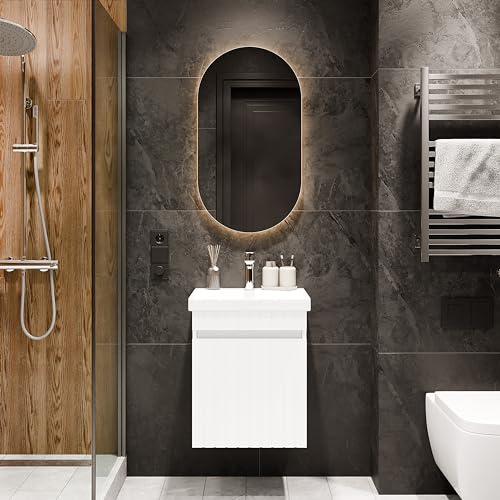 Planetmöbel Cosmia Badmöbel Set Waschbecken mit Unterschrank | 50 x 60 x 35 cm Weiß, Spiegel mit Beleuchtung 50 cm, Armatur Badezimmer chrom, Keramik Waschtisch mit Schublade