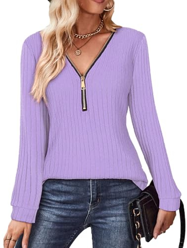 Gemulate Womens Long Sleeve Tops Ladies Lightweight Knit Jumpers V Neck Zipper Sweaters Casual Striped Sweatshirts Tshirt