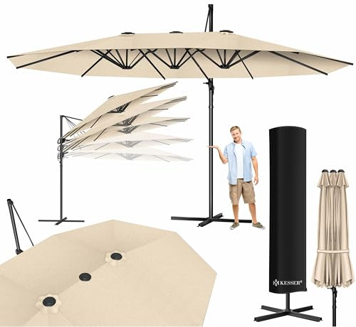 KESSER® Sonnenschirm Doppelsonnenschirm mit LED 4,6m x 2,7m | Ampelschirm Abdeckung| Kurbelschirm Aluminium wasserabweisend Neigbar Kippbar 360° Drehbar Beige
