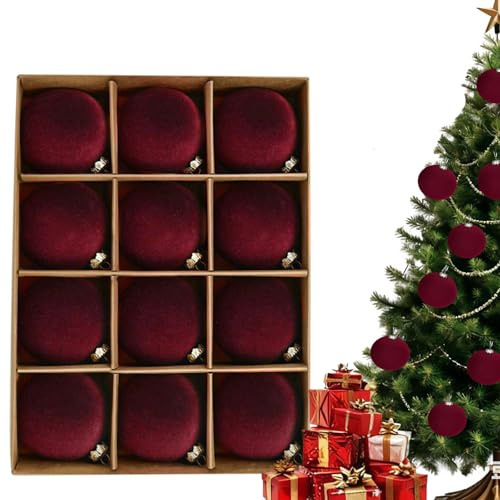 Gyrategirl 12 Pcs Velvet Christmas Ornaments Balls Flocked 2.4inch 6cm | Baubles, Shatterproof, Solid Color Print Fabric Wrapped, Hanging for Home Halloween Xmas Holiday Gifts Winter Decorative
