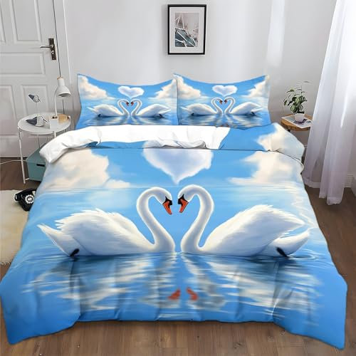 XCQHZYQ Copripiumino Singolo 150x200 cm Cigno Blu Nuvole A Forma Di Cuore Set di Biancheria da Letto in Cotone Poliestere Confortevole Stampa 3D Copripiumino con Chiusura a Cerniera