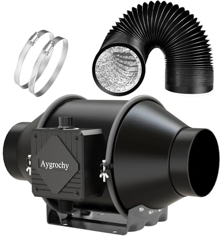 Aygrochy 100mm Regelbar Rohrventilator mit Abluftschlauch, Drehstrom EC motor Abluftventilator für Heizung, Kühlung, Booster, Wachstumszelte, Hydrokulturen, Heimgebrauch, Belüftung und Abluftgebläse.