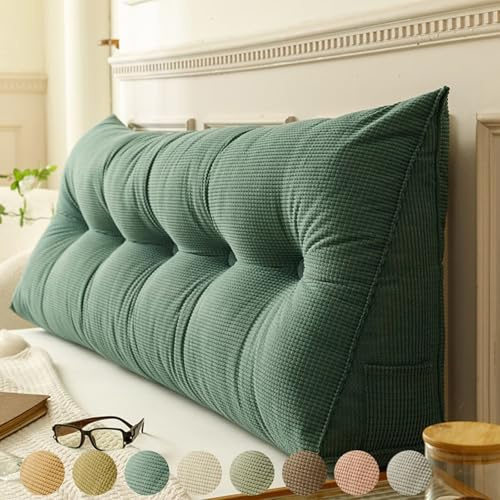 Rückenkissen Bett Grün 180cm, Groß Lesekissen für Bett und Sofa, Cord Bettkissen Rückenlehne Rückenpolster Keil Kopfteil Kissen, Dreieckige Rückenstützkissen Keilkissen Lendenkissen Kopfkissen