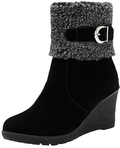 Jamron Mujer Invierno Cálido Botas de Pelo Elegante Tacón de Cuña Botines con Cremallera SN0710136 Negro EU38