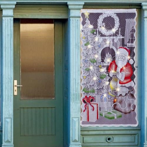 Dreuhuing Weihnachtsgardinen, Weihnachtsmann Vorhänge, Tür Scheibengardine, Weihnachts Spitzenvorhänge mit Weihnachtsmann Muster, Weihnachten Vorhänge Ohne LED, Türvorhang Spitze für Küche Badezimmer