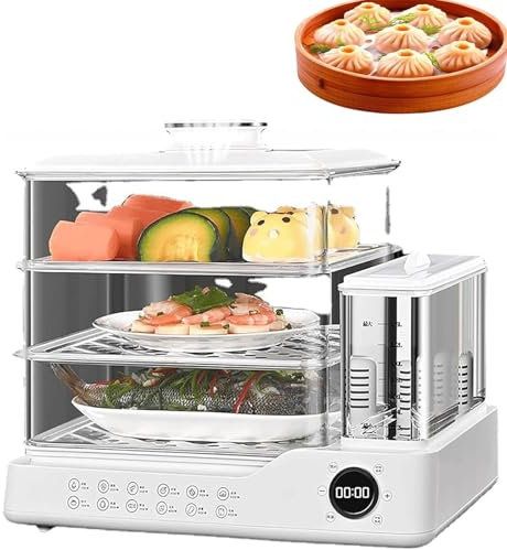 Vaporiera Elettrica da 800 W, Pentola a Vapore Elettrica a 3 Livelli con Display Touch Screen, Capacità 24 Litri, Timer 12 Ore e Serbatoio Acqua da 1,5 Litri, Spegnimento Automatico, for Tutte le Case