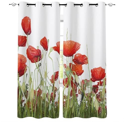 Rptidmv Vorhänge mit Ösen Mohnblume Vorhang Blickdicht Verdunklungsvorhänge Thermovorhang Schallschutz - Wohnzimmer Schlafzimmer Büro Deko Garten 2er Set -140 x 245 cm (B x H)