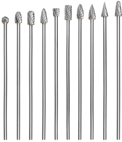 Treki 10 Stück 100mm Lang Hartmetall Frässtifte mit 3mm Schaft Wolframcarbid Fräser Fräsaufsatz für Akkuschrauber, Lang Hartmetallfräser Metallfräser Holzschnitzerei Bohrer Set für Holzarbeitung