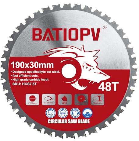 BATIOPV Lama per Sega Circolare 190x30 mm - 48 Denti TCT per Taglio Preciso di Acciaio, ferro, Alluminio, Tubi Metallici - Compatibile con Dewalt Makita Einhell