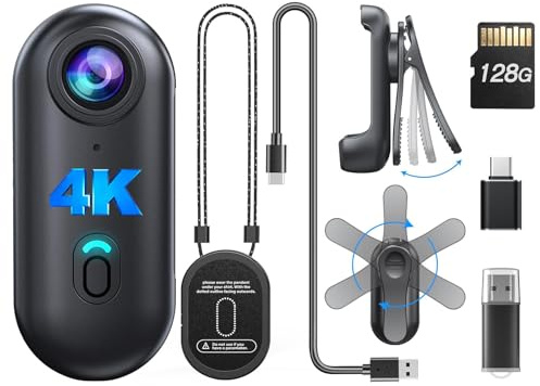 BOBLOV W4 4K Body Camera, Wearable 128GB Body Cam with 360°Rotate Clip & Magnetic Clip, 120 Minutes for Recording, Mini Camera Easy to Use for Lecture, Traveling, Pet Walking(4K 128GB)