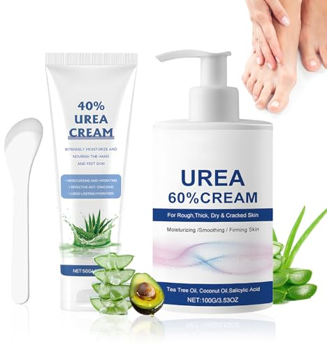 2 Stück Urea Creme 60 Prozent Urea Fusscreme-1 Große Flasche + 1 Kleine Flasche, Geeignet für Trockene und Rissige Haut, Geeignet für die Hand- und Fußpflege, mit Schaber