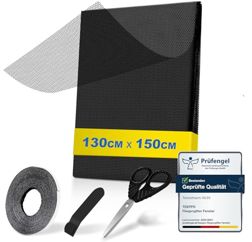 teeppo Fliegengitter Fenster 130 x 150 cm - Schwarz, Insektenschutz Fenster Zuschneidbar mit Klettband Selbstklebend, Fliegennetz ohne Bohren, Moskitonetz Fenster aus Polyester, Kinderleichte Montage