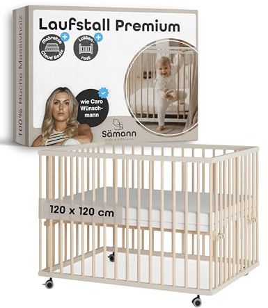 Sämann Laufstall Baby mit Lattenrost und Matratze | stufenlos höhenverstellbar | Laufgitter Premium | Babybett aus Holz | Krabbelgitter (sahara dust/natur, 120x120 cm)