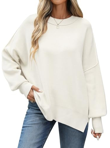 CMTOP Jumpers for Women Oversized Loose Crew Neck Knitted Sweaters Winter Casual Ladies Long Sleeve Tops Warm Slouchy Pullover Knitwear Fall White
