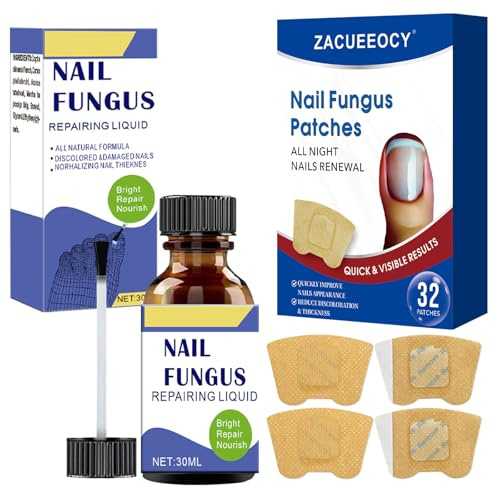 ZACUEEOCY Toenail Fungus Treatment Extra Strength Kit, 30ml Nail Repair Solution and 32 Nail Renewal Patches for Damaged Thick Discolored Toenails and Fingernail