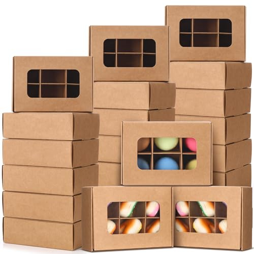 Chivertion 50 Pcs Kraft Treat Boxes with Window and Dividers Empty Candy Truffle Baking Boxes Square Cupcake Cookies Containers for Valentine Giving Gift (5 x 3.54 x 1.57 Inches,Brown)