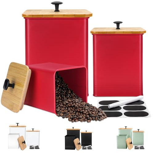 Kitchen Canisters Set of 3, Metal Flour Sugar Storage Containers with Airtight Lids-Canisters Sets for Kitchen with Customizable Chalkboard Labels & Marker Pen-Spice, Coffee Storage Jars(Red)