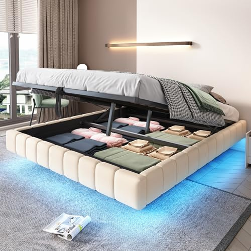 Huayz Letto matrimoniale imbottito, 160 x 200 cm, letto a molle con cassetta, con illuminazione a LED, telaio del letto con spazio di archiviazione, telaio del letto senza testiera, senza materasso