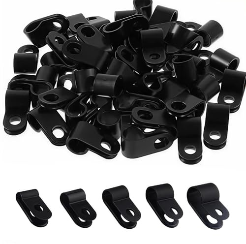 Solihigh 240 Pcs R-Type Cable Clips, Nylon P-Clips, Black Wire Clamp for Cable Management, Organiser for Electrical Wires, TV, Car, Outdoor Conduit (5 Sizes)