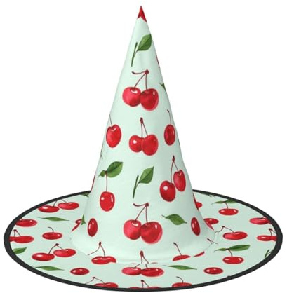 Nianyuer Sombrero de bruja de Halloween para adultos, diseño de cerezas rojas y hojas, sombrero puntiagudo espeluznante, ligero para disfraz de fiesta