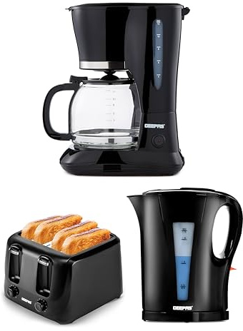 GEEPAS 1.5L Filter Coffee Machine, 1.7L Electric Kettle & 4 Slice Toaster Combo Set | 800W Coffee Maker for Instant Coffee Espresso | 2200W Cordless Jug Kettle Auto Shut Off | 1400W Toaster Black