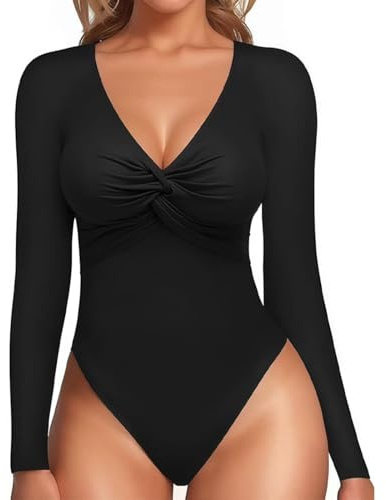 Gkaopi Body para Mujer Bodysuit de Manga Larga Top Sexy Cuello en V Leotardo Elástico Mono Moda Casual Tops Body de tanga Elegante Fit Cuerpo Color Sólido Jumpsuit Otoño Invierno