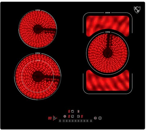 K&H Glaskeramikkochfeld NC-6406SQ [3 ZONEN] - Herdplatte 3 Kochfelder - Kochfeld 3 Platten Autark - Kochplatten - Starkstrom-Anschluss - Kein Stecker Enthalten - 60 cm - 6400 Watt - 9 Leistungsstufen