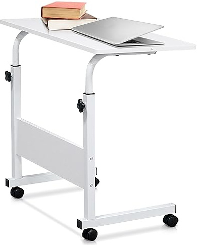 Karl home 80×40cm Mobile Side Table, Small Computer Desk with Rolling Wheels, Height Adjustable Potable Laptop Cart, C-Shaped Bed Couch End Tables with Edge Stopper for Living Room Bedroom, White