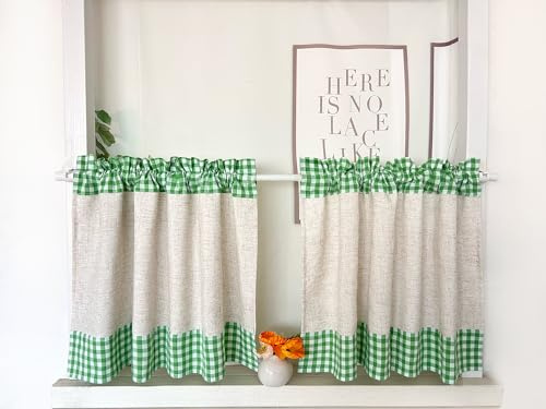 Daliena Scheibengardine 2er Set Kariert Kurzgardine BxH90x60cm Grün | Bistrogardine Leinenoptik, Küchengardine Landhausstil Gardine Retro Vintage, Fertige Kleinfenster Gardinen 2 Stück
