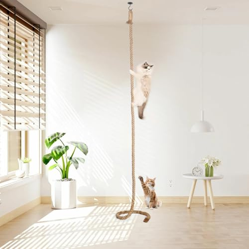 Cat Climbing Rope with Hook,Natural Jute Ropes for Ceiling and Wall Mounted,Cat Climbing Sisal Rope Cats Scratch Rope Suitable for Indoor Cats (1.20 x 9.84Ft)