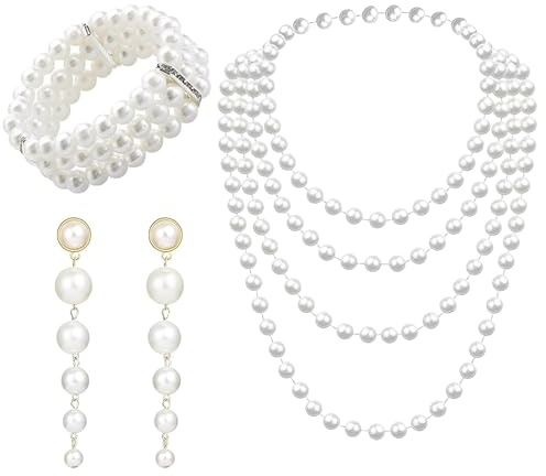 MmotZsb Perlenkette Damen, 3-teiliges Perlen Schmuck Set Mit Halskette, Ohrringen Und Armband, Bunte Perlen Für Vintage-Look, 180 Cm, Ideal Für Partys, Hochzeiten Und Besondere Anlässe