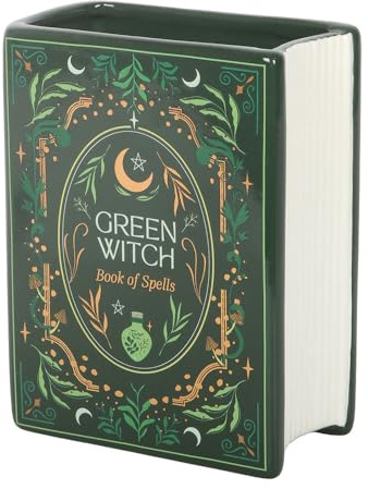 Grüne Hexenbuch-Vase, Keramik-Grimoire-Design, mystische Heimdekoration