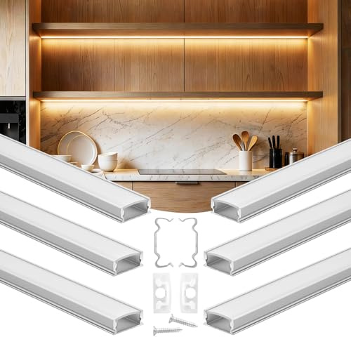 VEVOR Set di Profili per Strisce LED in Alluminio 6 pezzi a Forma di U Lunghezza 1 m, Set 6 Canali per Luci LED Sottopensile da Cucina Illuminazione con Diffusore Bianco, Canali Protezione Luci
