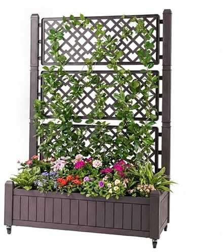 FANTASK Pflanzkasten mit Spalier, 80 x 40 x 140cm, Blumenkasten mit Wasserstandsanzeiger & Abflusslöchern, Blumenkübel mit Rankgitter und Rollen, Blumenkübel für Garten Balkon, PP (Braun)