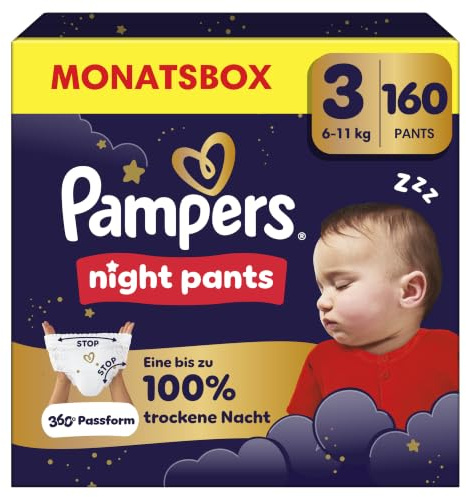 Pampers Night Pants Größe 3, 160 Windeln, 6kg-11kg | bieten zusätzlichen Schutz für die ganze Nacht