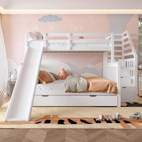 VIEKOS Letto a castello 90 x 200 cm su 140 x 200 cm, con cassetti, vano portaoggetti e scivolo, multifunzione, bianco antico