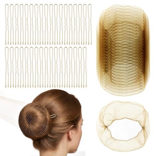 20 stycken osynliga hårnät med 40 stycken hårnålar (guld) | Elastisk kant nät för balett och hårknutar tillverkning, nylon hårnät nät nät balett hårknut formare knutnät