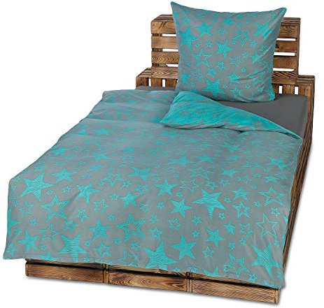 optidream Winter Bettwäsche Flausch Fleece Stella, 135x200 + 80x80, 2-teilig, 100% Microfaser, Polyester, Öko-Tex Standard 100, 60°C waschbar, Trocknergeeignet, Türkis, Grau, Sterne Design