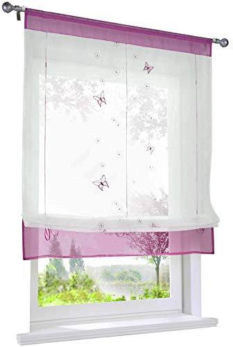 Raffrollo mit Schmetterling Bestickt Gardine Tunnelzug Transparent Voile Vorhang (BxH 60x140cm, Violett)