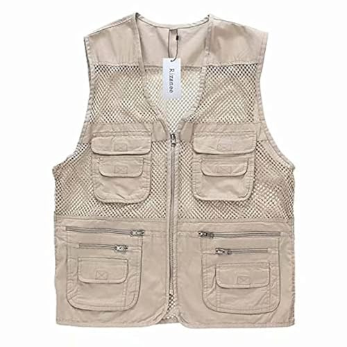 Rizanee Mesh Breathable Fishing Vest, Multi-Pockets Photography Travel Hiking Waistcoat Jacket (Beige, US S - TAG L)
