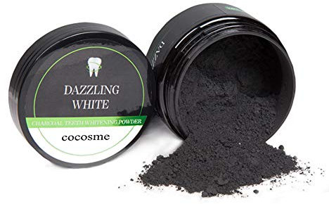 Cocosme Polvo de carbón activado para dientes blancos - Blanqueamiento dental natural y limpieza dental de bambú - Pasta de dientes en polvo contra la decoloración causada por café, té, nicotina, vino