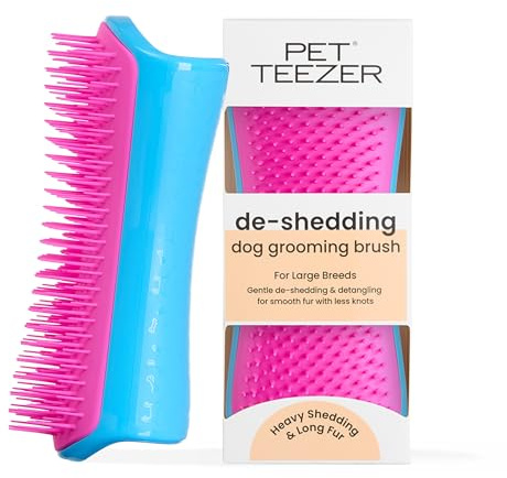 Pet Teezer De-Shedding Dog Brush by Tangle Teezer, Dog Grooming Tool for Long Haired Breeds and Wet or Dry Fur, Large, Blue & Pink