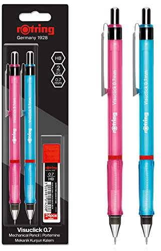 Mekaniska rOtring Visuclick-blyertsstiftpennor | 0,7 mm | Rosa och blå pennor | 2 st. | Med 24 HB-blyertsstift