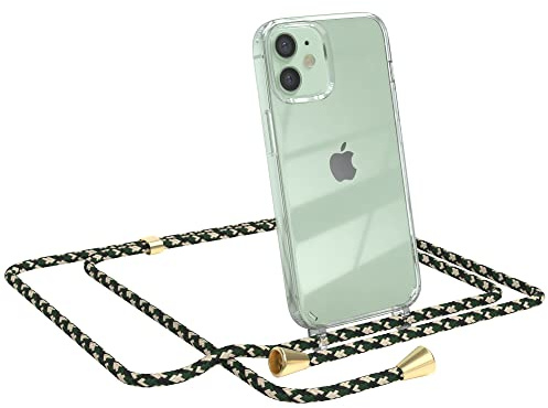 EAZY CASE Handykette kompatibel mit iPhone 12 Mini Handyhülle mit Umhängeband, Handykordel mit Schutzhülle, Silikonhülle, Hülle mit Band, Stylische Kette für Smartphones, Grün Camouflage